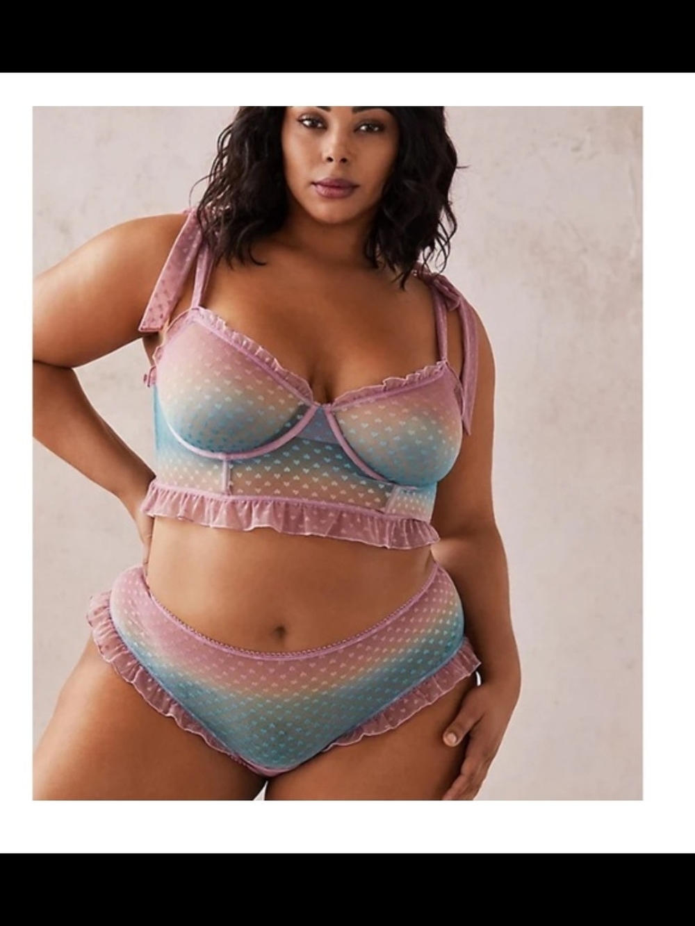 Torrid Sheer Heart Gradient Ruffle Trim Bra & High Waist Thong Panty Set 6x - Picture 1 of 4